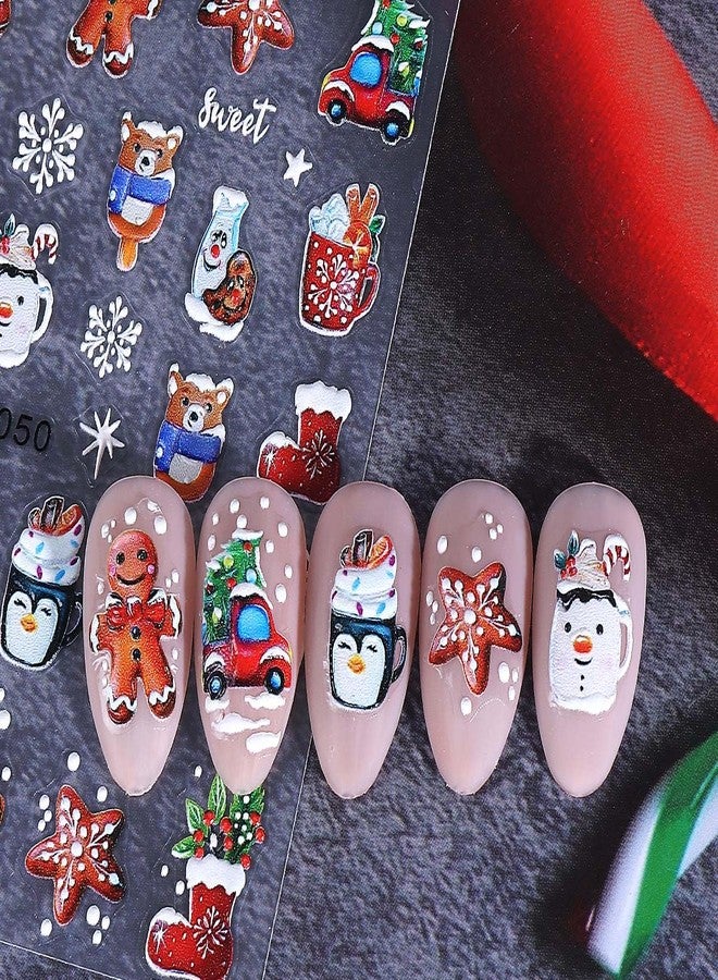 SWEET TREND 3D Christmas Nail Art Stickers – 4pcs Cute Embossed Santa Snowman Bear Gingerbread Man Snowflake Nail Decals - DIY Holiday Manicure at Home - Festive Nail Decorations for Women - Image 5